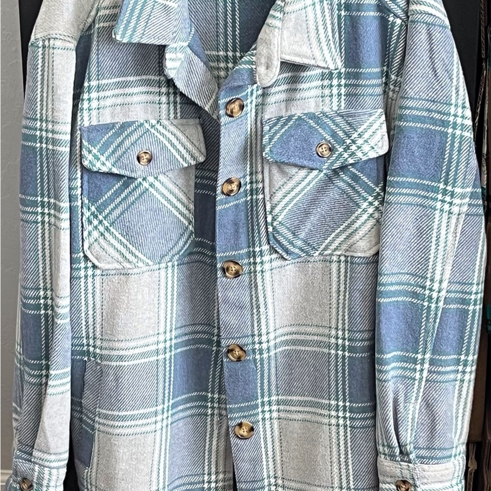 Blue, Gray and Green Plaid Button-Up Shacket